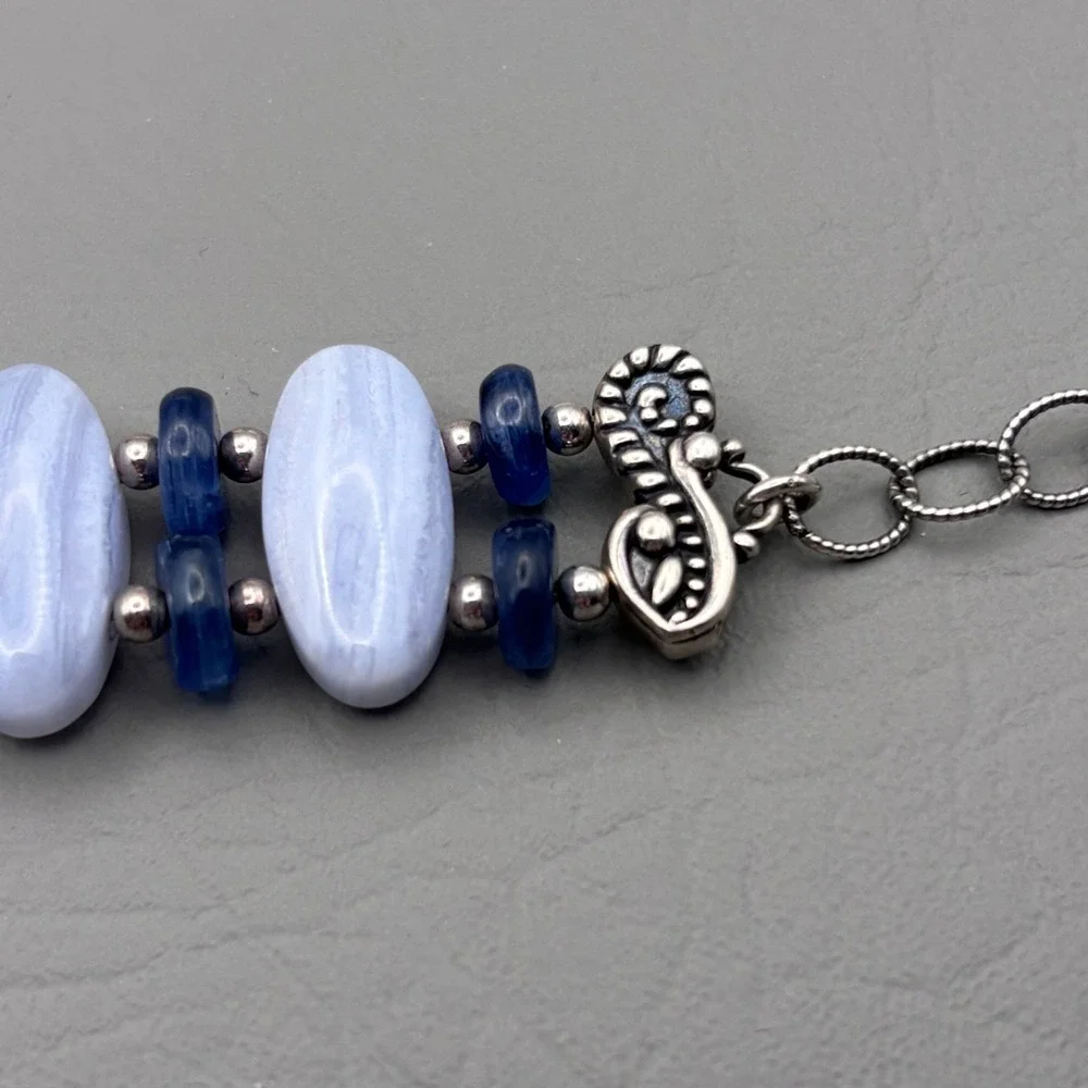 Vintage Carolyn Pollack Half Moon Bay Link Bracelet 925 Blue Lace Agate Kyanite